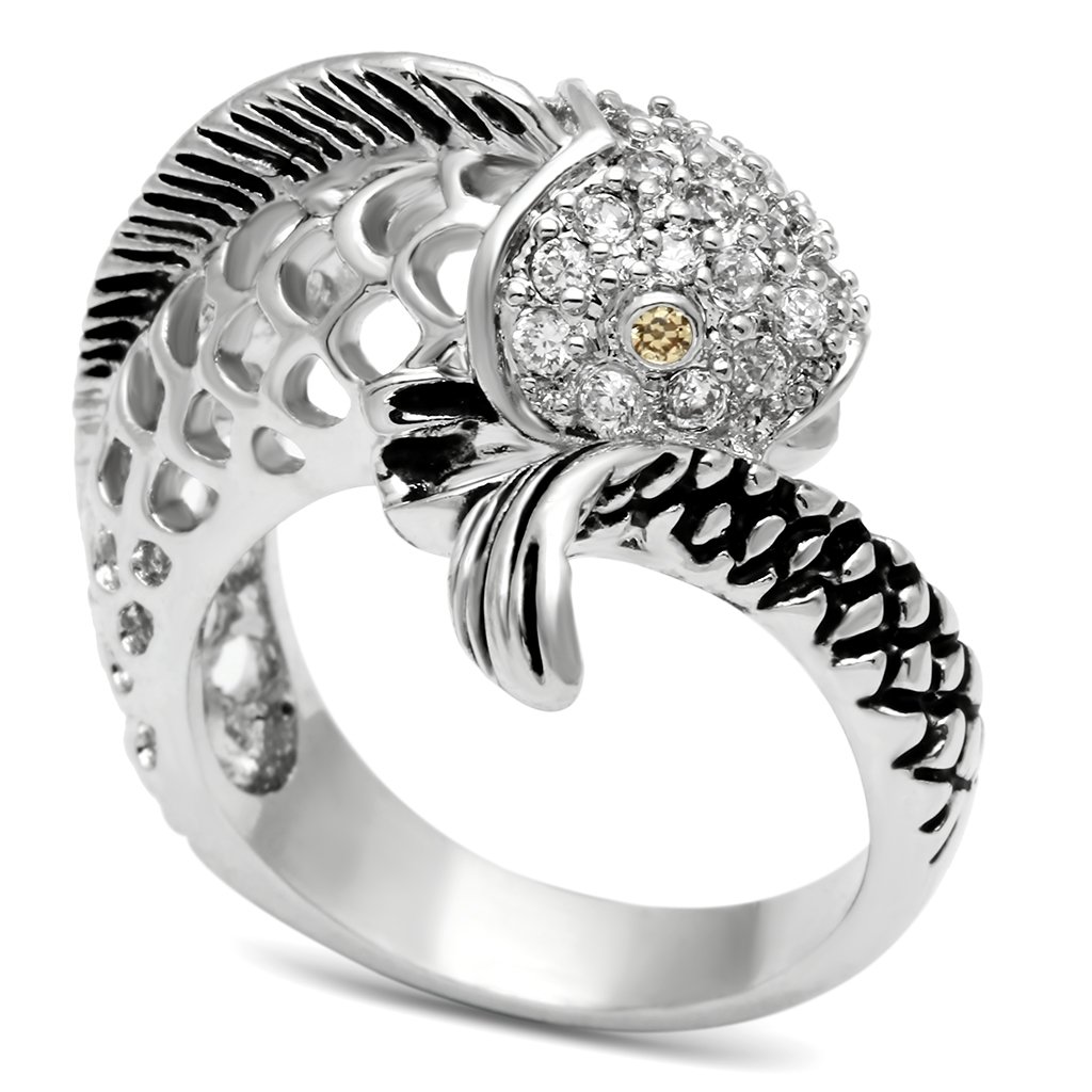 3W234 Rhodium Brass Ring featuring AAA Grade CZ in Champagne color, showcasing its elegant design and sparkling center stone.