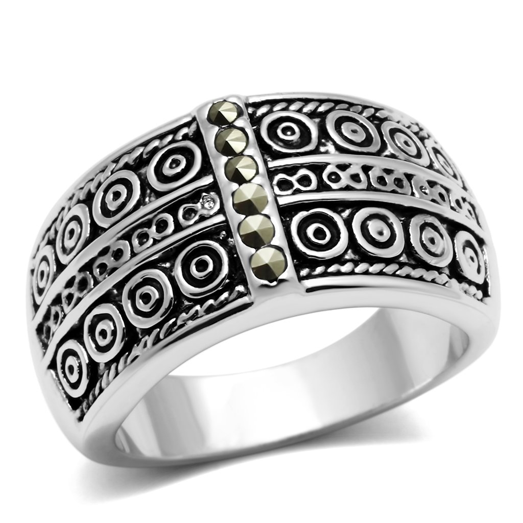 3W239 Rhodium Brass Ring featuring a black marcasite stone, showcasing an elegant design with a shiny finish.