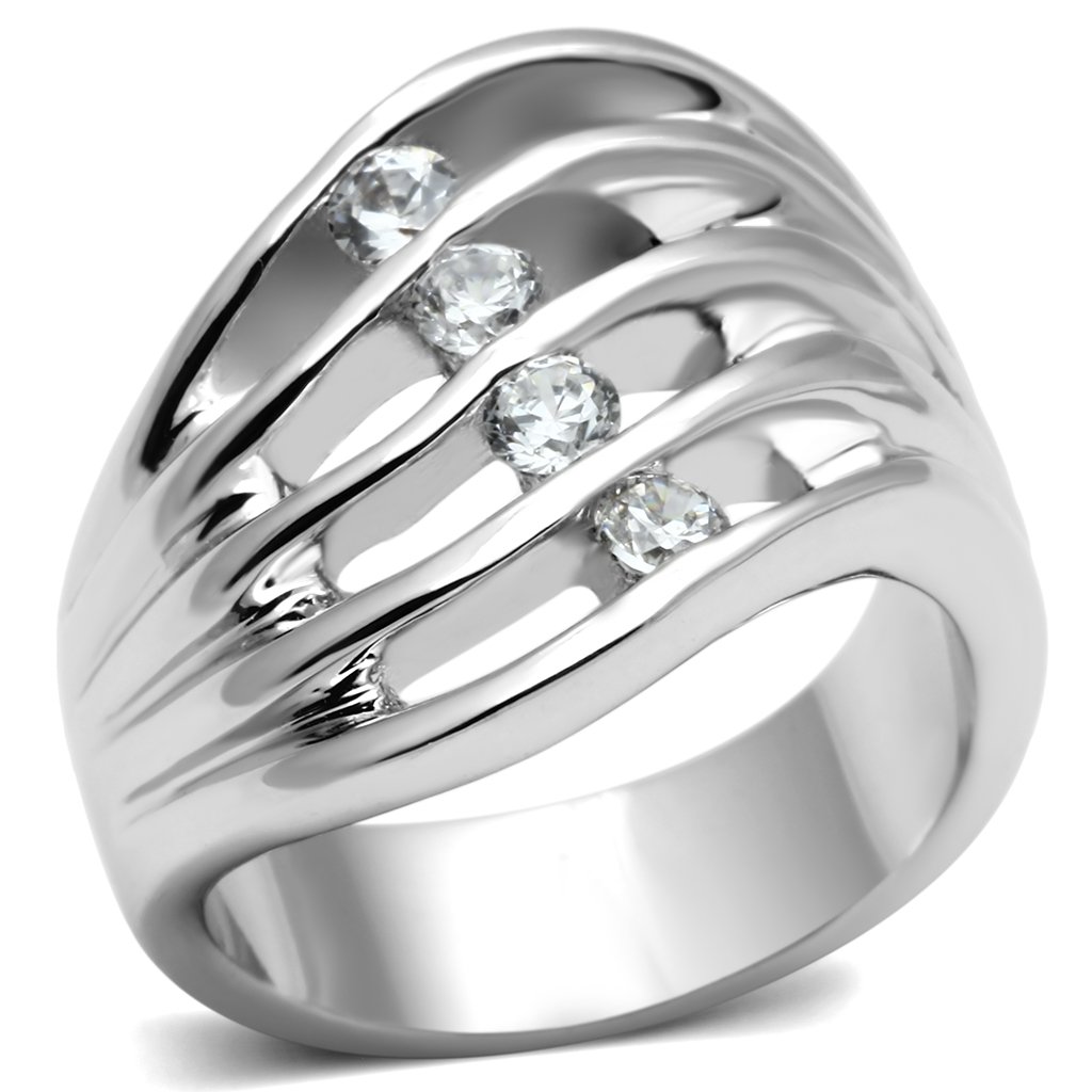 3W265 Rhodium Brass Ring featuring a clear AAA Grade CZ stone, showcasing its elegant design and shiny finish.