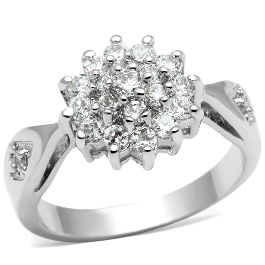 3W278 Rhodium Brass Ring featuring a clear AAA Grade CZ stone, showcasing its elegant design and polished finish.