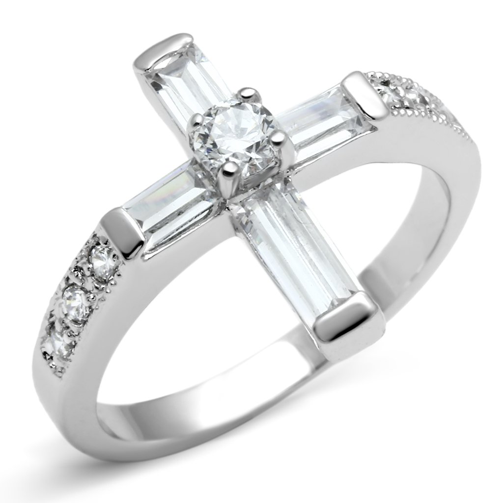 3W288 Rhodium Brass Ring featuring AAA Grade CZ stone, showcasing its elegant design and clear sparkle.