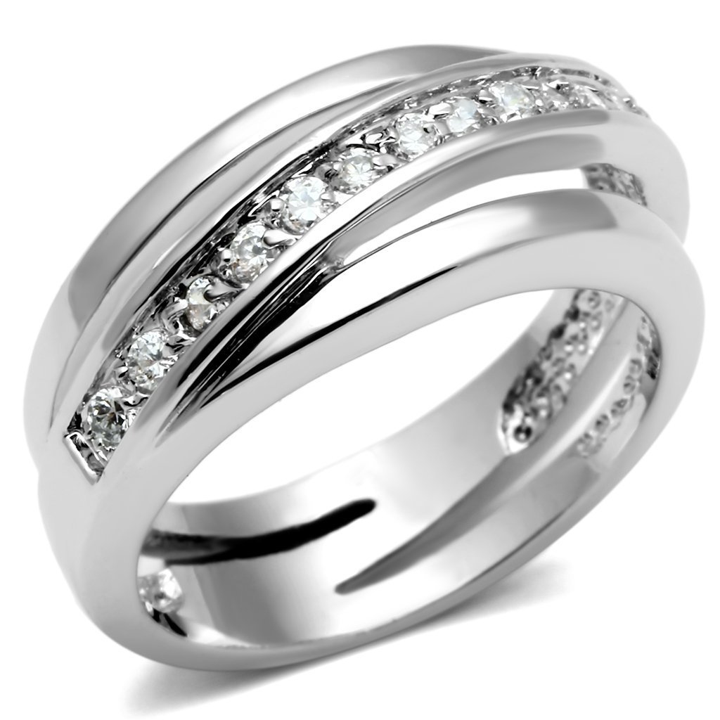 3W284 Rhodium Brass Ring featuring a clear AAA Grade CZ stone, showcasing its elegant design and shiny finish.