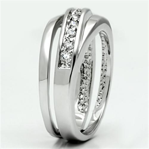 3W284 Rhodium Brass Ring featuring a clear AAA Grade CZ stone, showcasing its elegant design and shiny finish.