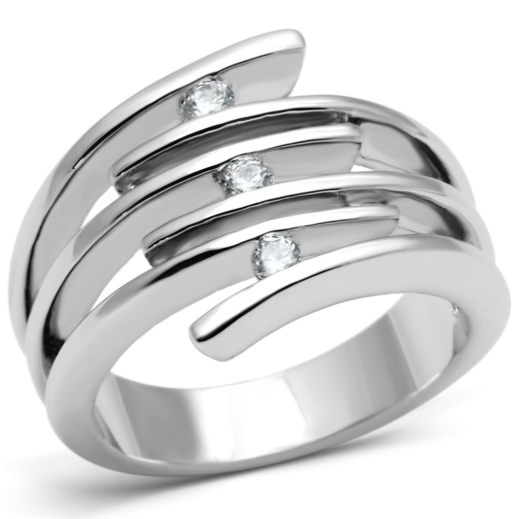 3W285 Rhodium Brass Ring featuring a clear AAA Grade CZ stone, showcasing its elegant design and shiny finish.