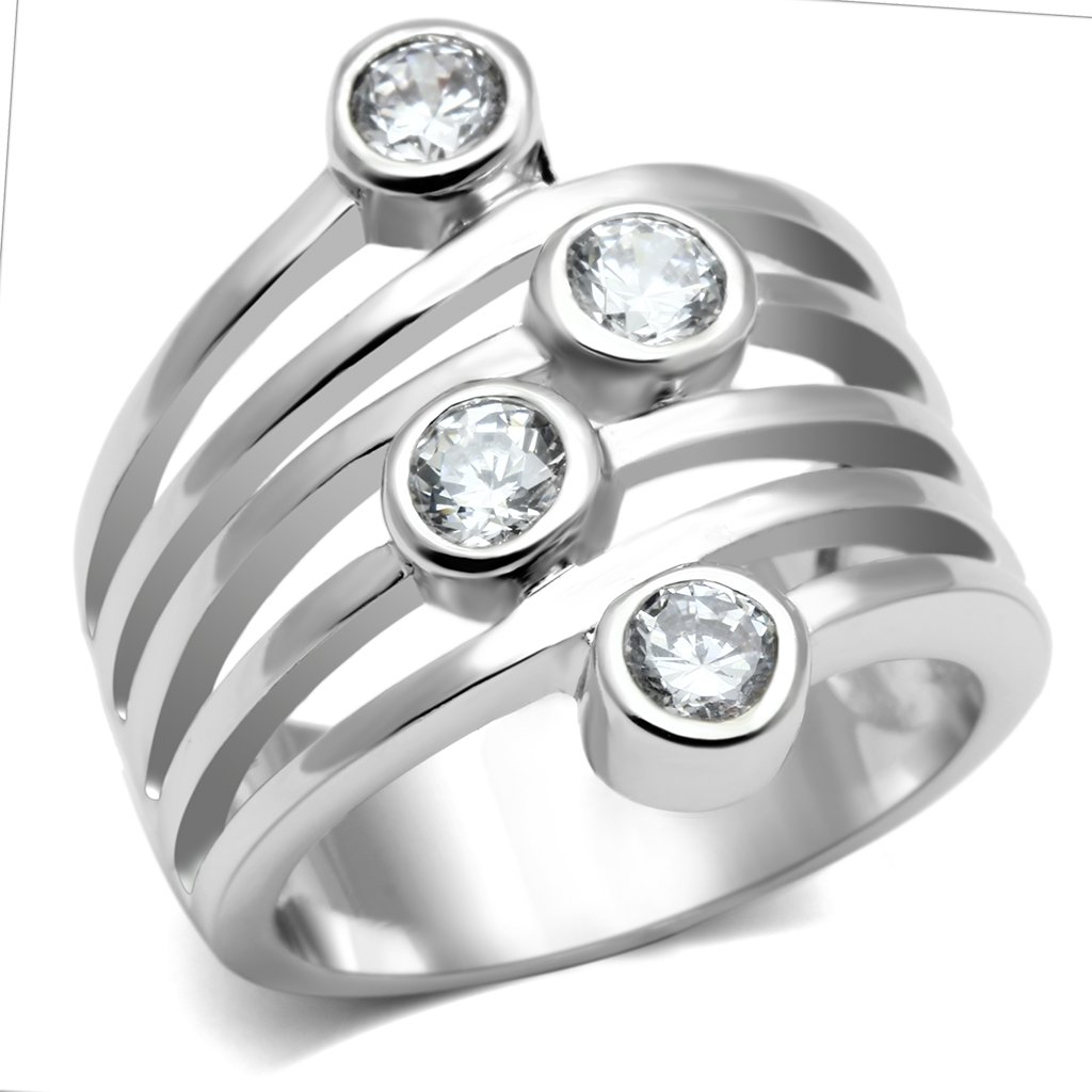 3W286 Rhodium Brass Ring featuring a clear AAA Grade CZ stone, showcasing its elegant design and luxurious finish.