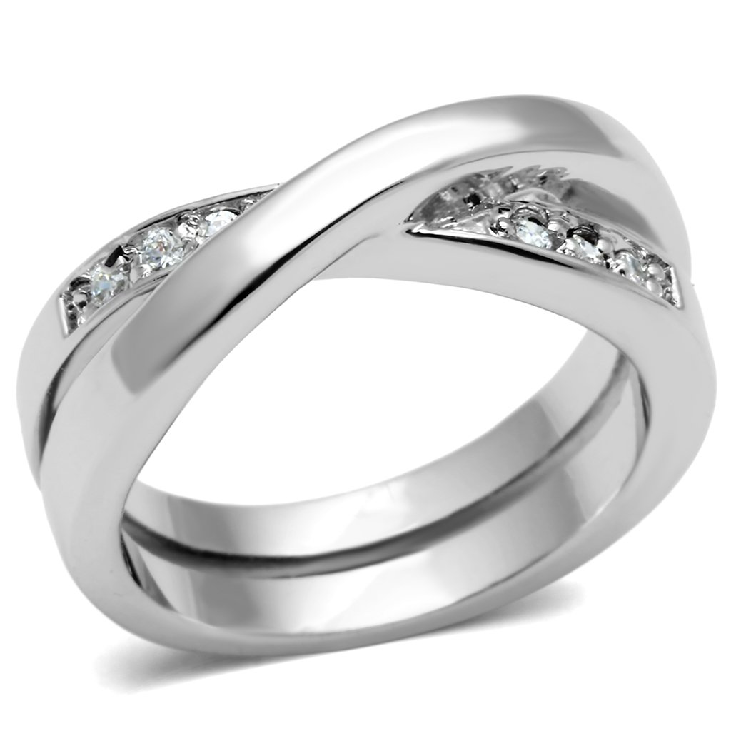 3W287 Rhodium Brass Ring featuring a clear AAA Grade CZ stone, showcasing its elegant design and luxurious finish.