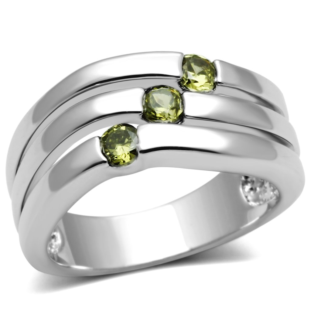 3W289 Rhodium Brass Ring featuring AAA Grade CZ in vibrant Olivine color, showcasing its elegant design and craftsmanship.