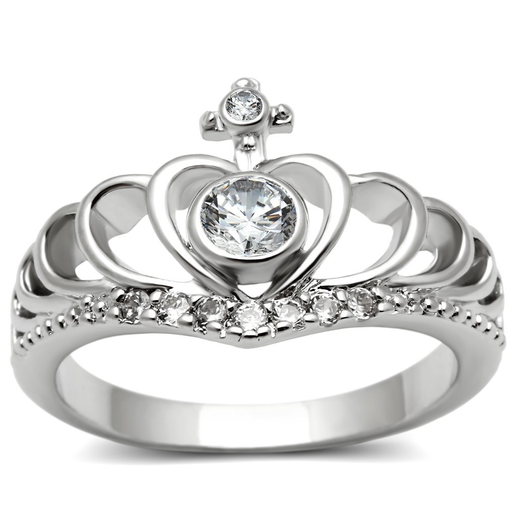 3W229 Rhodium Brass Ring featuring a clear AAA Grade CZ stone, showcasing its elegant design and shiny finish.