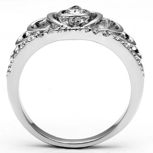 3W229 Rhodium Brass Ring featuring a clear AAA Grade CZ stone, showcasing its elegant design and shiny finish.