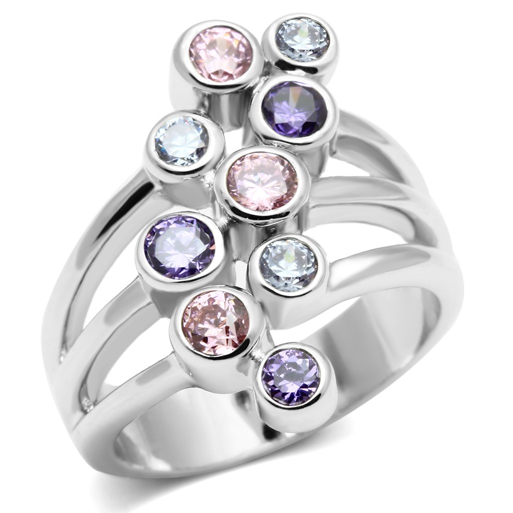 3W290 Rhodium Brass Ring featuring multi-color AAA Grade CZ stones, showcasing its elegant design and shiny finish.