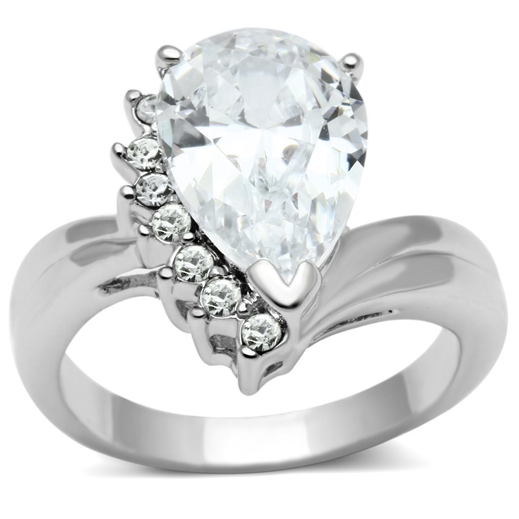 3W292 Rhodium Brass Ring featuring a clear AAA Grade CZ stone, showcasing its elegant design and polished finish.