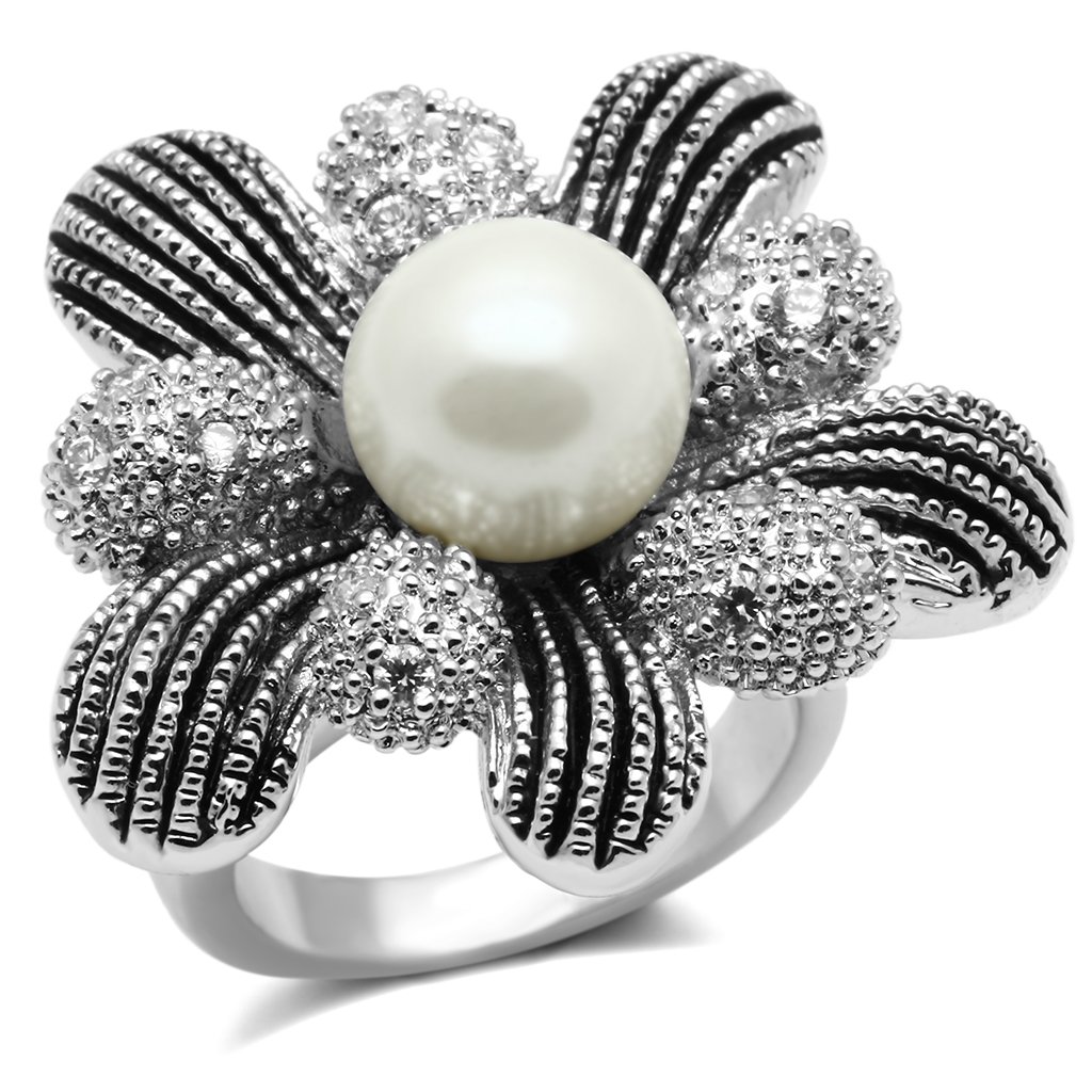 Elegant Rhodium Brass Ring featuring a synthetic white pearl centerpiece, showcasing a luxurious finish and classic design.