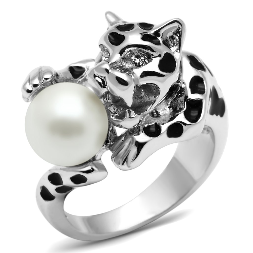 Rhodium brass ring featuring a synthetic white pearl, elegantly designed for style and comfort.