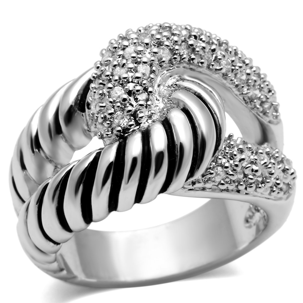 3W298 Rhodium Brass Ring featuring a clear AAA Grade CZ center stone, showcasing its elegant design and shiny finish.