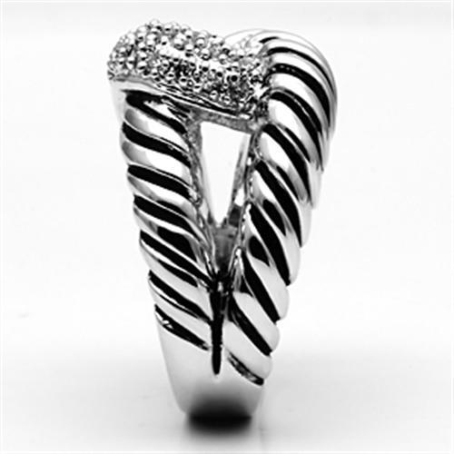 3W298 Rhodium Brass Ring featuring a clear AAA Grade CZ center stone, showcasing its elegant design and shiny finish.