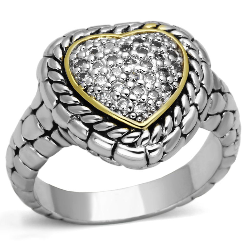 3W333 Reverse Two-Tone Brass Ring featuring a clear AAA Grade CZ stone, showcasing its elegant design and craftsmanship.