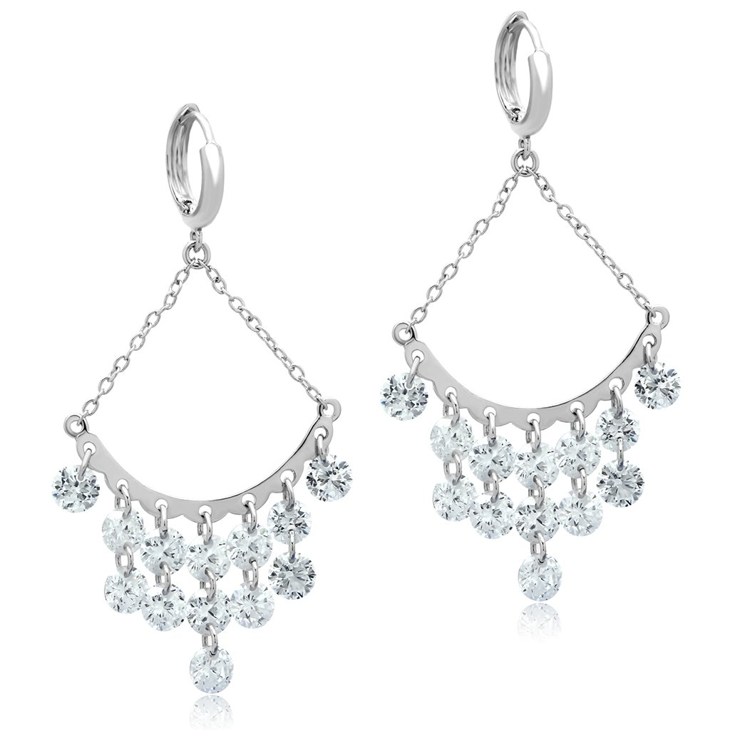 Elegant 3W300 Rhodium Brass Earrings featuring AAA Grade Clear CZ stone, showcasing a luxurious design.