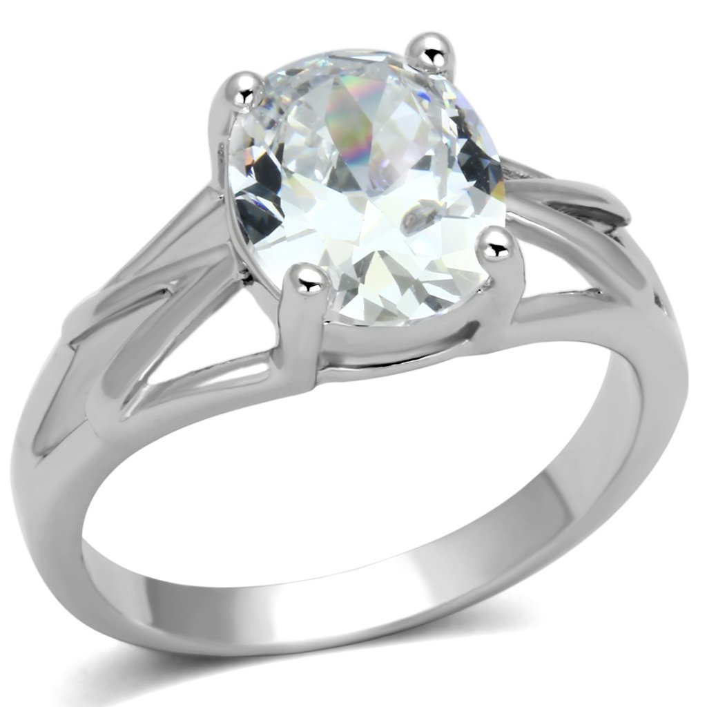 3W308 Rhodium Brass Ring featuring a clear AAA Grade CZ stone, elegantly designed with a shiny finish.