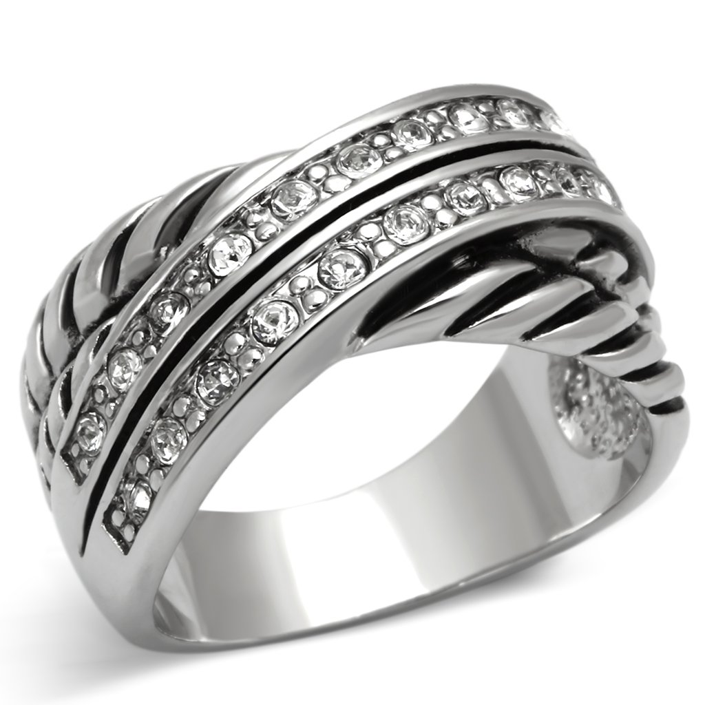 3W311 Rhodium Brass Ring featuring a clear top grade crystal, showcasing its elegant design and shiny finish.