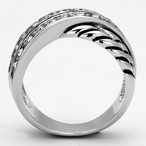 3W311 Rhodium Brass Ring featuring a clear top grade crystal, showcasing its elegant design and shiny finish.