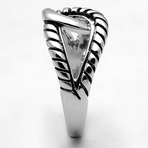 3W310 Rhodium Brass Ring featuring a glossy jet epoxy center stone, showcasing an elegant design and luxurious finish.