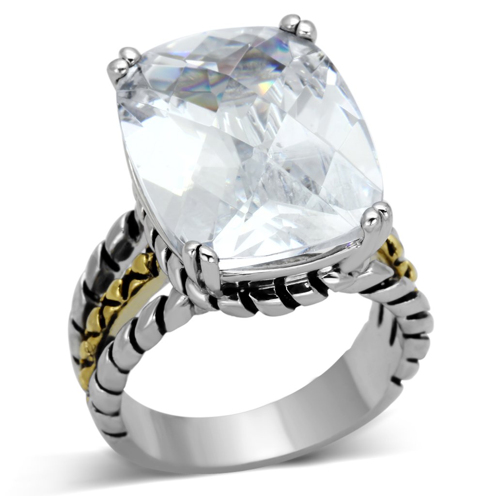 3w316 Reverse Two-Tone Brass Ring featuring a clear AAA Grade CZ stone, showcasing its elegant design and craftsmanship.