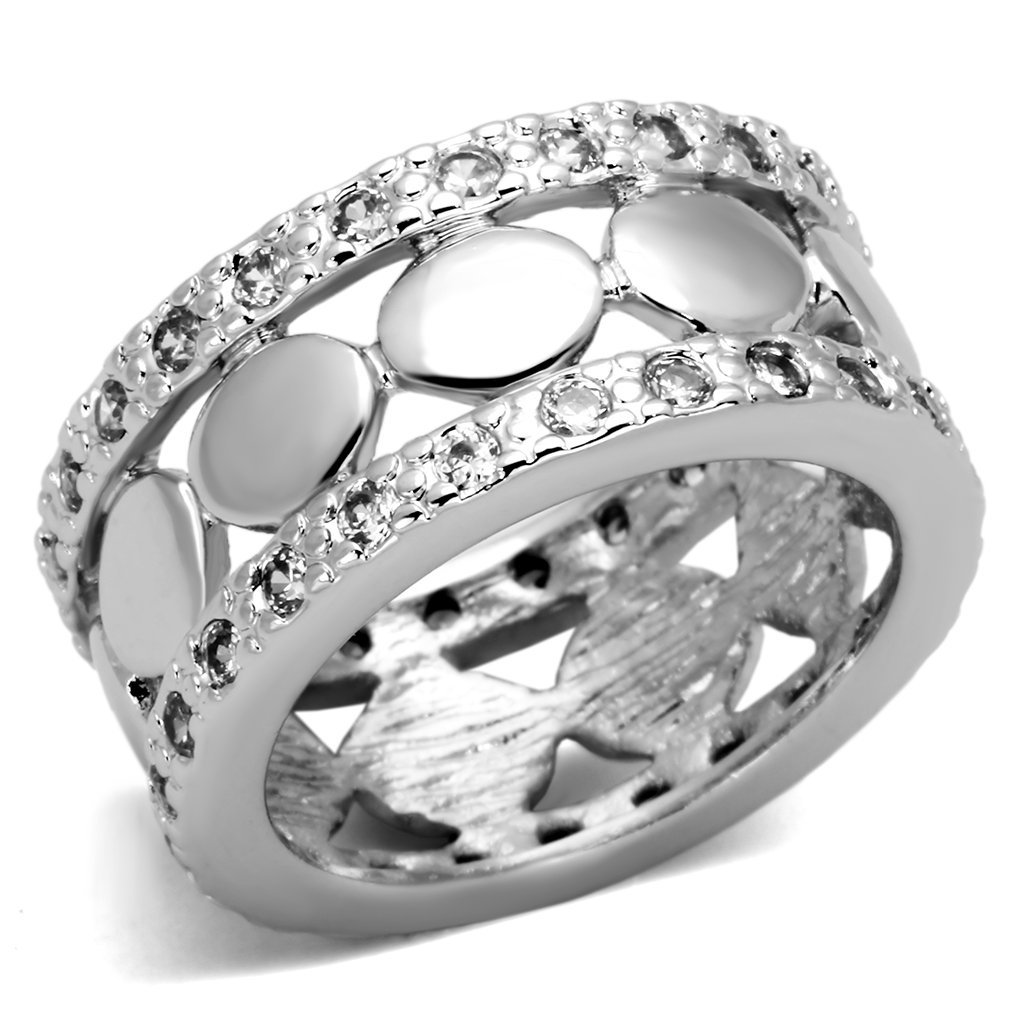 3w319 Rhodium Brass Ring featuring a clear AAA Grade CZ stone, showcasing its elegant design and luxurious finish.