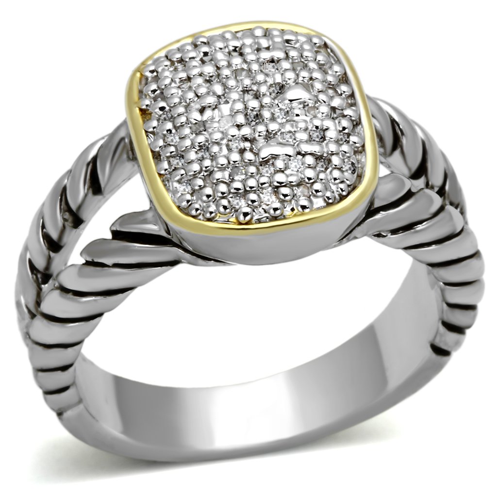 3W322 Reverse Two-Tone Brass Ring featuring a clear AAA Grade CZ stone, showcasing its elegant design and polished finish.