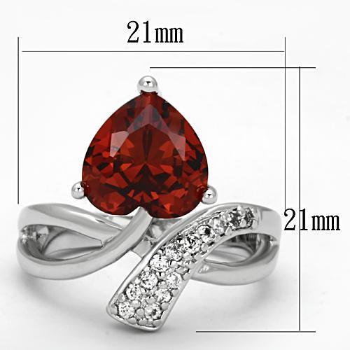 3W323 Rhodium Brass Ring featuring AAA Grade CZ in Garnet, showcasing a brilliant red stone set in a polished brass band.