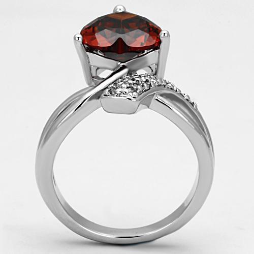 3W323 Rhodium Brass Ring featuring AAA Grade CZ in Garnet, showcasing a brilliant red stone set in a polished brass band.