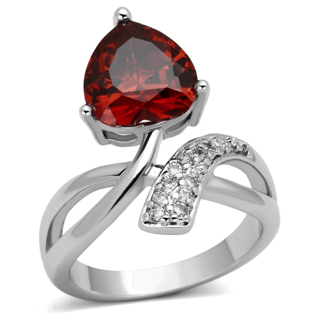 3W323 Rhodium Brass Ring featuring AAA Grade CZ in Garnet, showcasing a brilliant red stone set in a polished brass band.