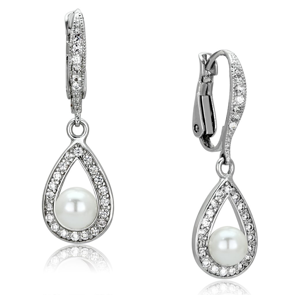 Elegant 3W344 Rhodium Brass Earrings featuring synthetic white pearls, showcasing a luxurious design.