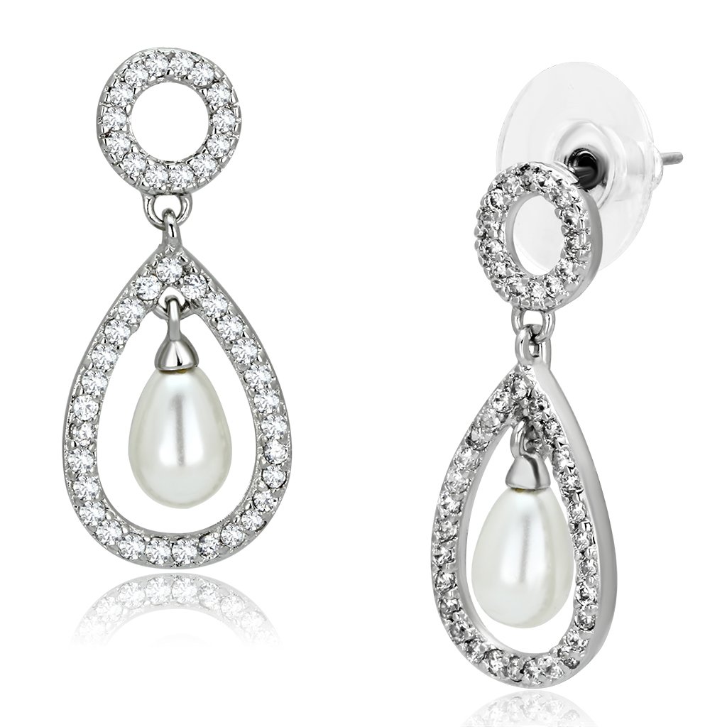 Elegant 3W341 Rhodium Brass Earrings featuring a white synthetic pearl centerpiece, showcasing a luxurious design.