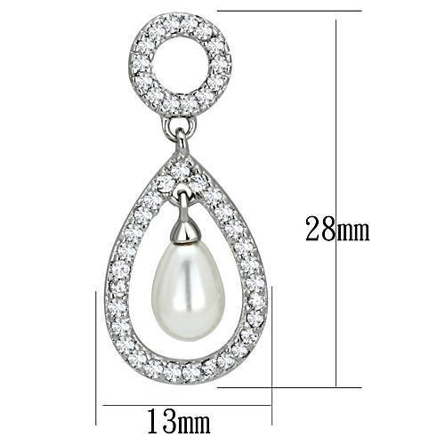 Elegant 3W341 Rhodium Brass Earrings featuring a white synthetic pearl centerpiece, showcasing a luxurious design.