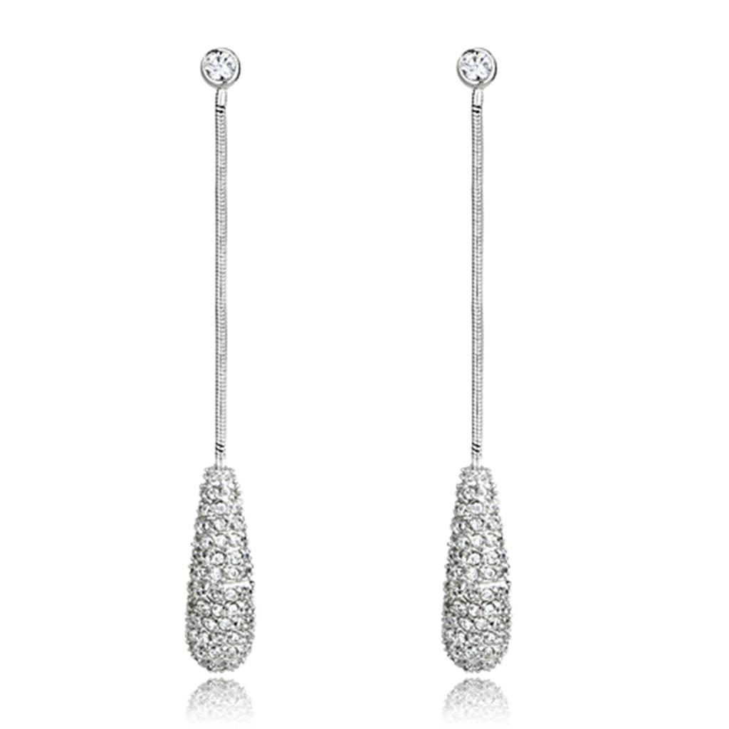 Elegant 3W355 Rhodium Brass Earrings featuring AAA Grade Clear CZ stones, showcasing their brilliant sparkle and lightweight design.