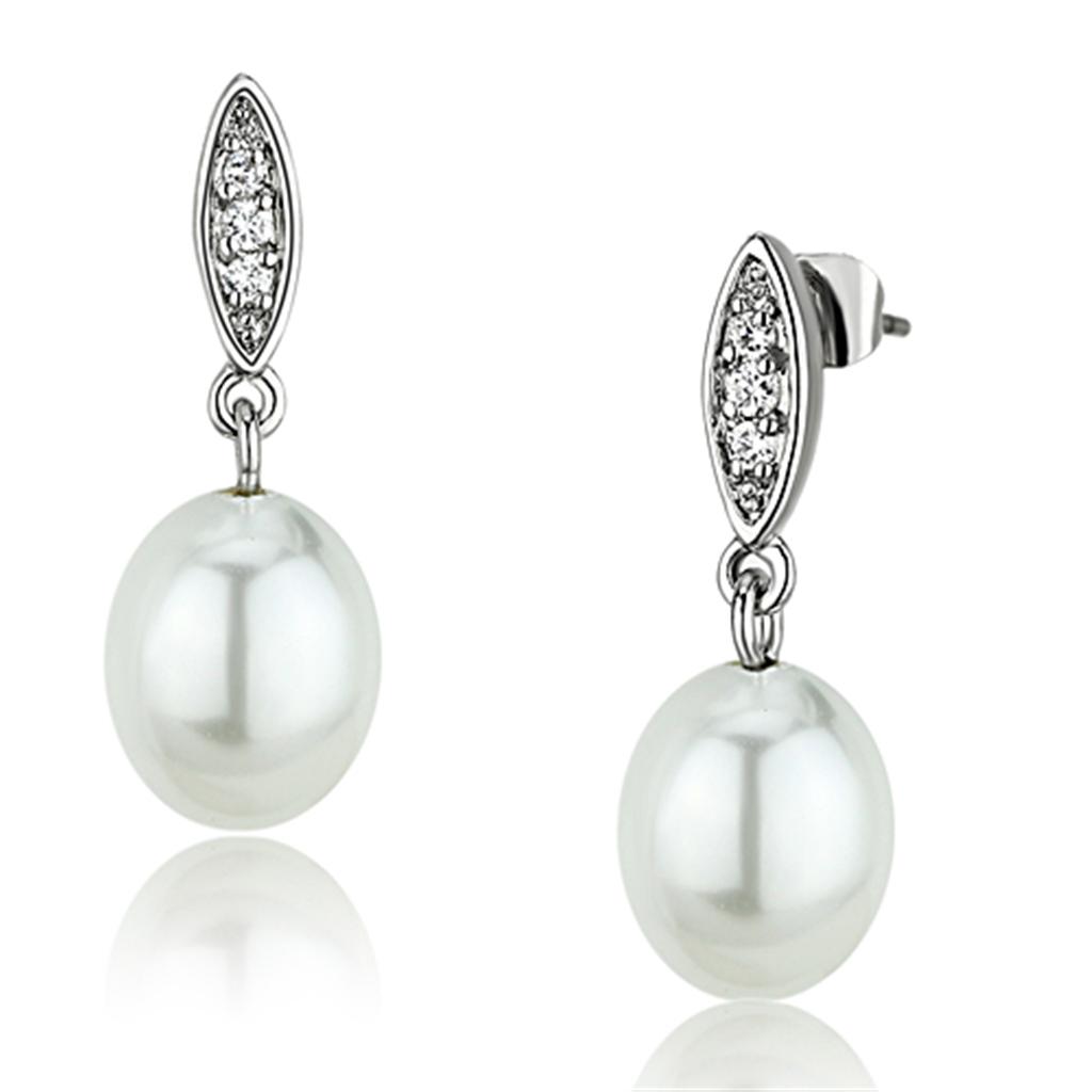 Elegant 3W378 Rhodium Brass Earrings featuring a white synthetic pearl centerpiece, showcasing a polished finish.