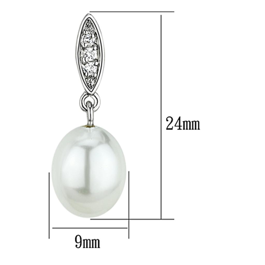 Elegant 3W378 Rhodium Brass Earrings featuring a white synthetic pearl centerpiece, showcasing a polished finish.