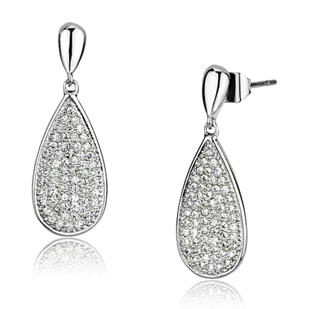 3W380 Rhodium Brass Earrings featuring AAA Grade Clear CZ, showcasing their elegant design and sparkling center stone.