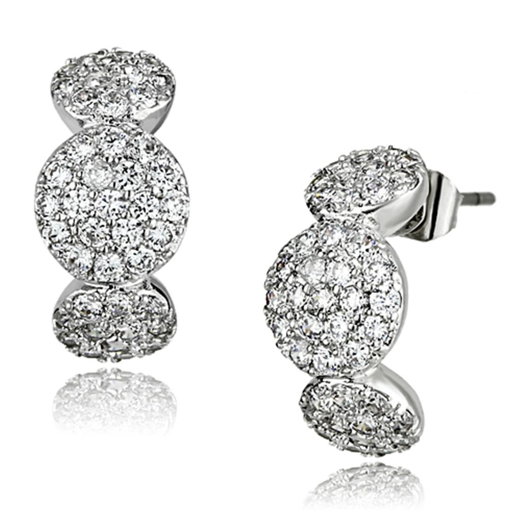 Elegant 3W390 Rhodium Brass Earrings featuring AAA Grade Clear CZ stone, showcasing a luxurious design.