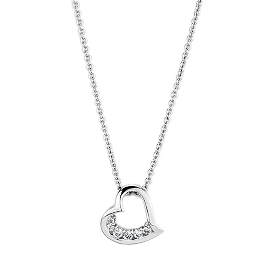 3W410 Rhodium Brass Necklace featuring a clear AAA Grade CZ stone, elegantly designed for versatile wear.