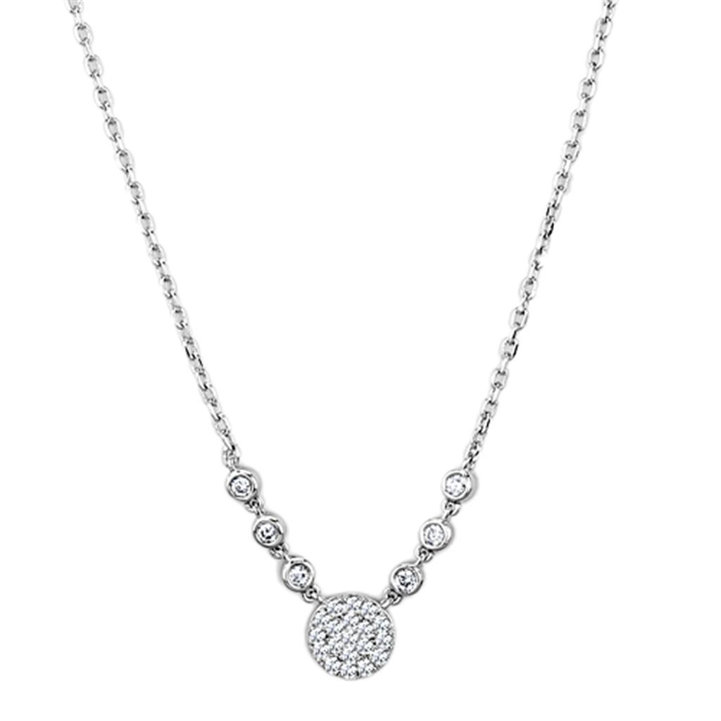 3W417 Rhodium Brass Necklace featuring a clear AAA Grade CZ stone, elegantly designed for versatile wear.