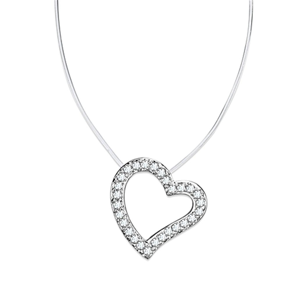 3W420 Rhodium Brass Necklace featuring a clear AAA Grade CZ stone, showcasing its elegant design and luxurious finish.