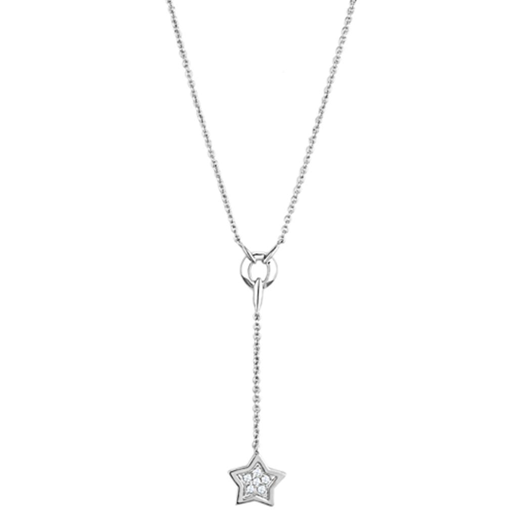 3W426 Rhodium Brass Necklace featuring a clear AAA Grade CZ stone, elegantly designed for versatile wear.