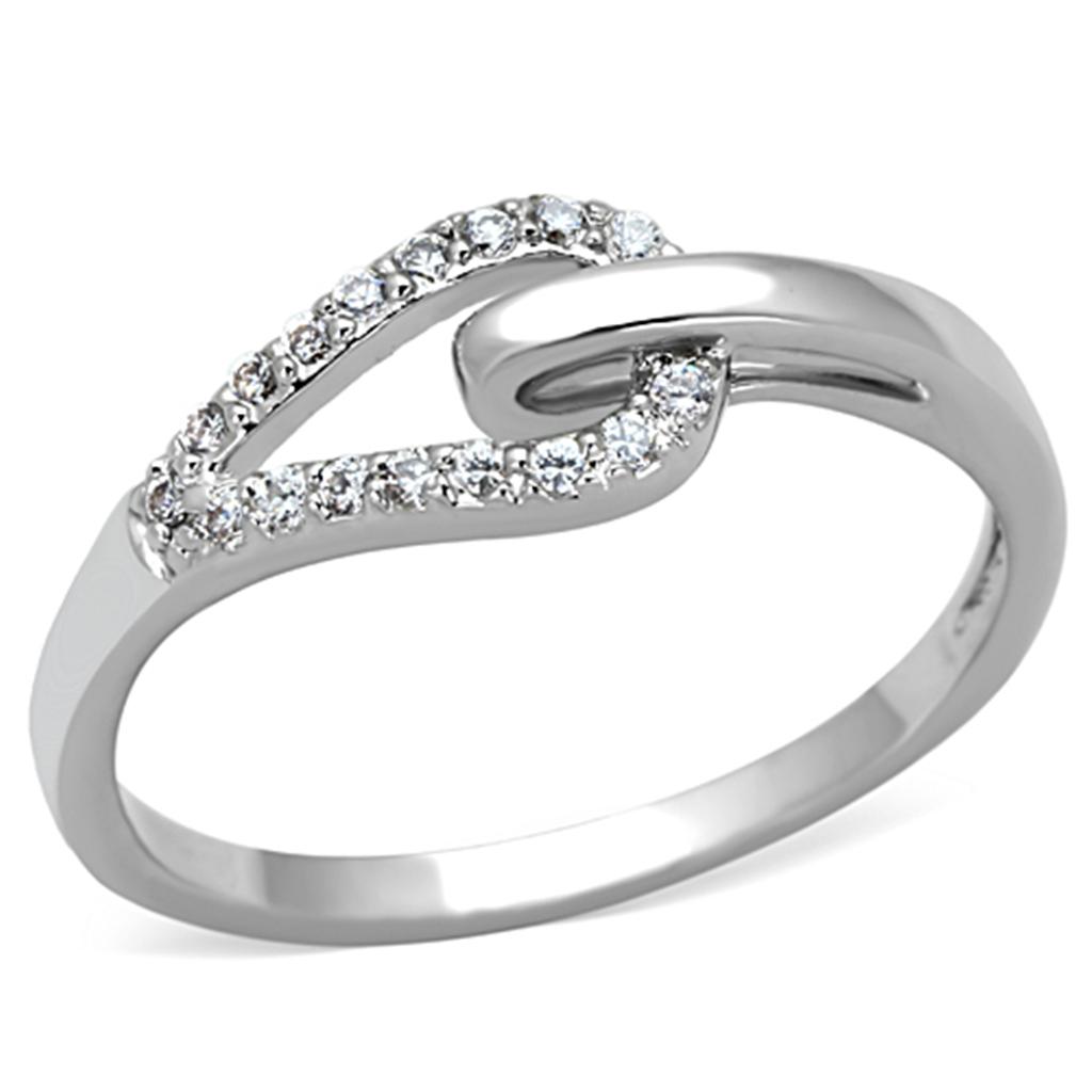 3W465 Rhodium Brass Ring featuring a clear AAA Grade CZ stone, showcasing its elegant design and shiny finish.