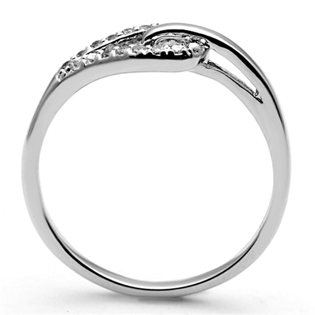 3W465 Rhodium Brass Ring featuring a clear AAA Grade CZ stone, showcasing its elegant design and shiny finish.