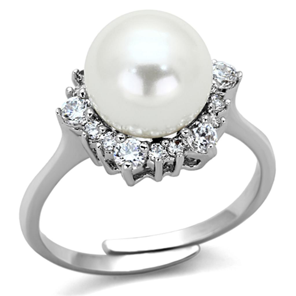 3W477 Rhodium Brass Ring featuring a synthetic white pearl centerpiece, elegantly designed for any occasion.