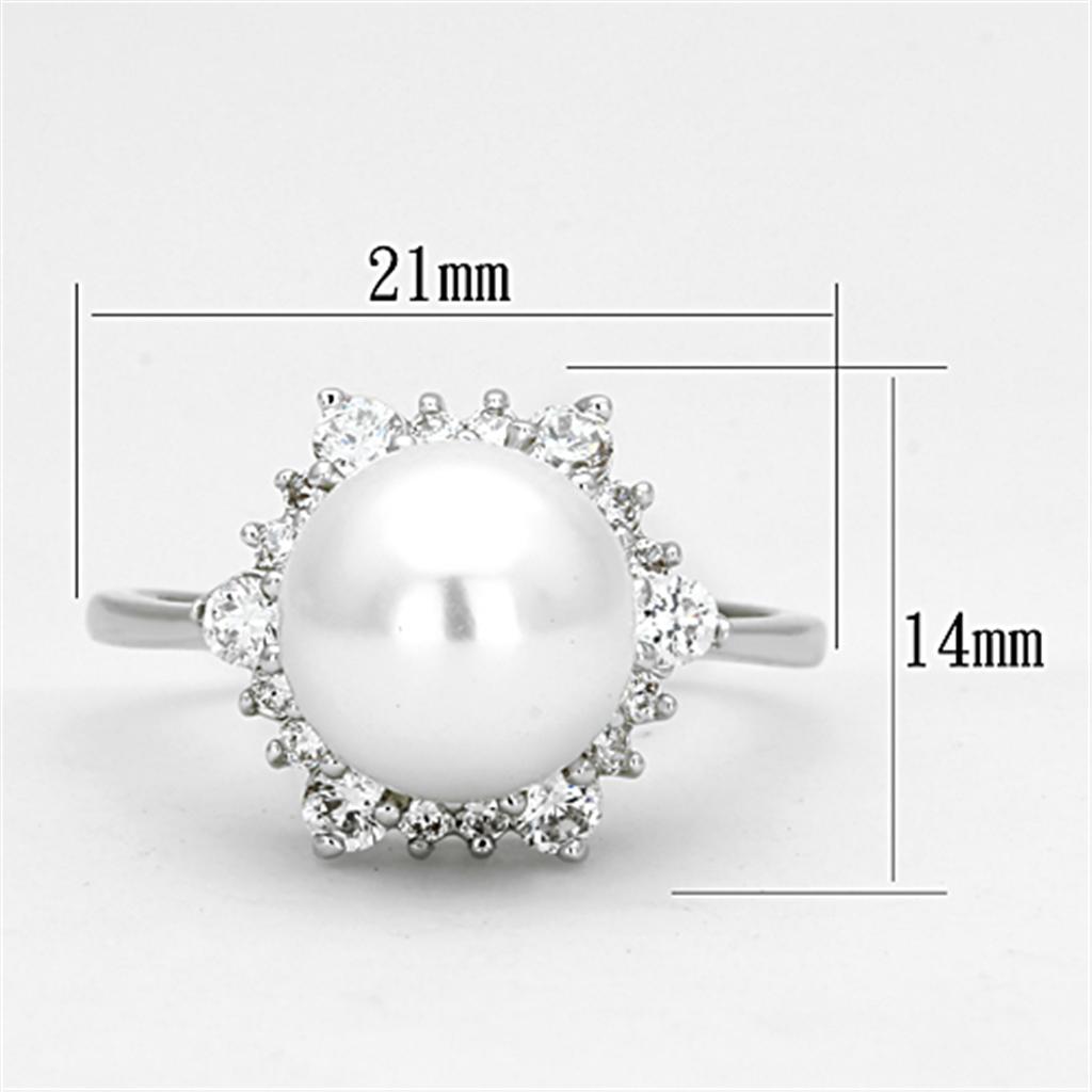 3W477 Rhodium Brass Ring featuring a synthetic white pearl centerpiece, elegantly designed for any occasion.