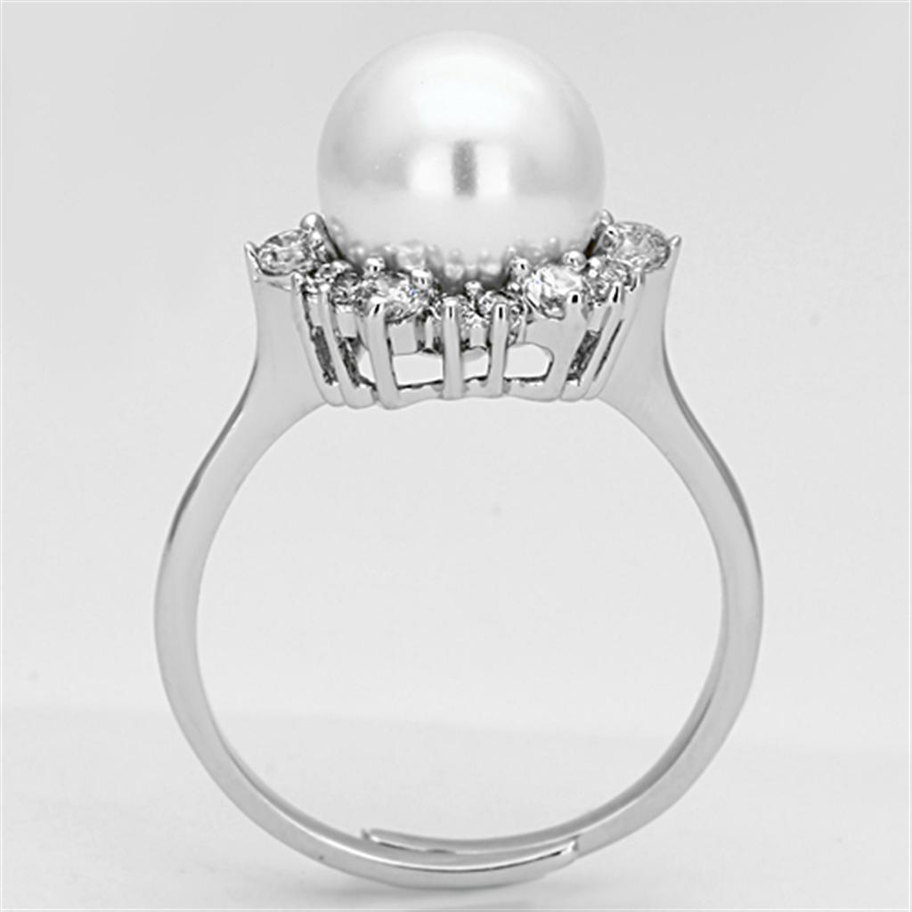 3W477 Rhodium Brass Ring featuring a synthetic white pearl centerpiece, elegantly designed for any occasion.