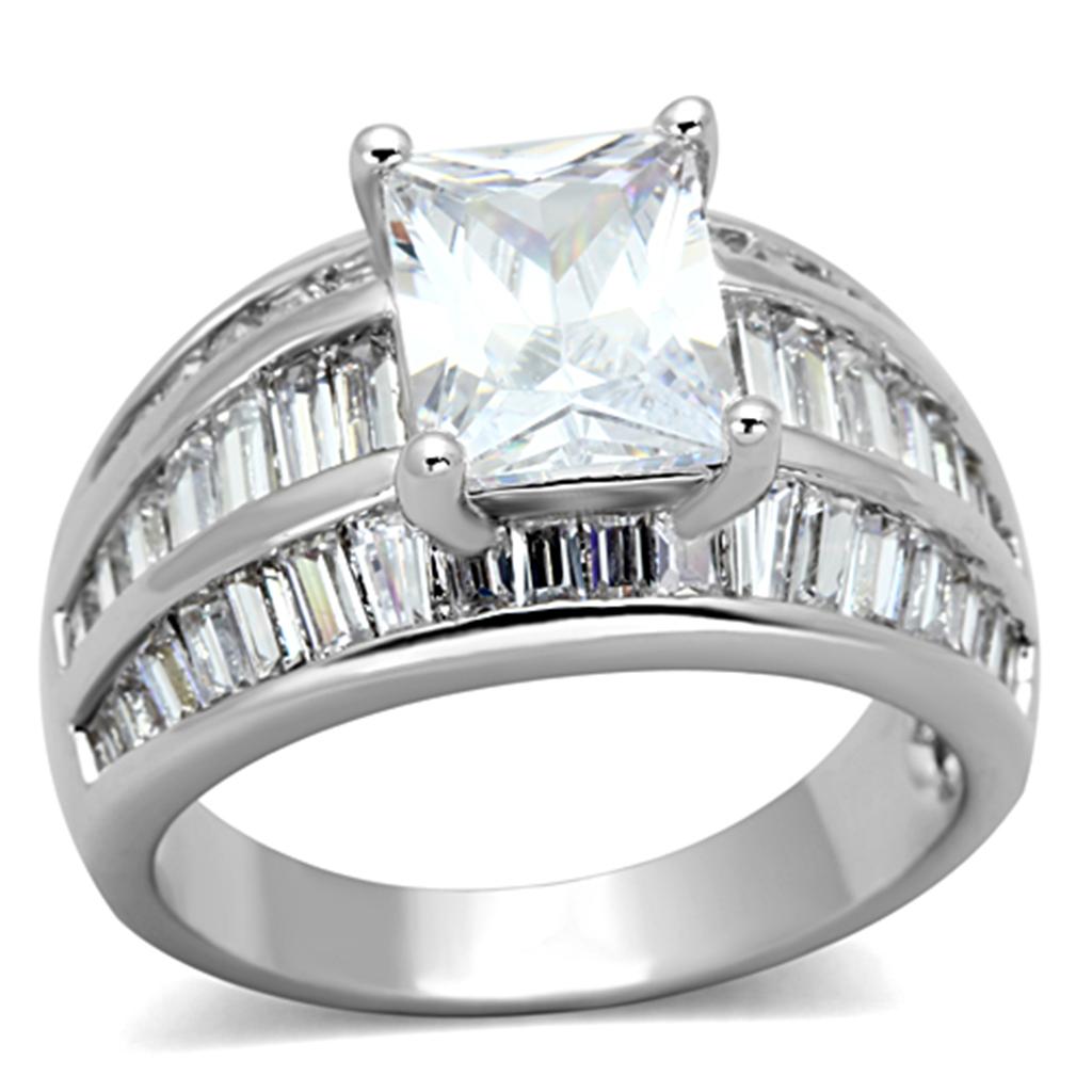 3W475 Rhodium Brass Ring featuring a clear AAA Grade CZ stone, showcasing its elegant design and luxurious finish.