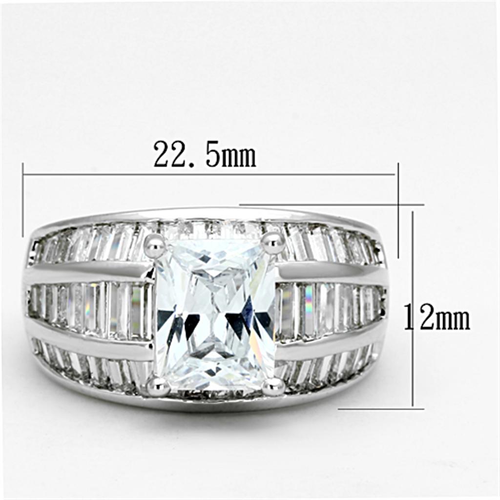 3W475 Rhodium Brass Ring featuring a clear AAA Grade CZ stone, showcasing its elegant design and luxurious finish.